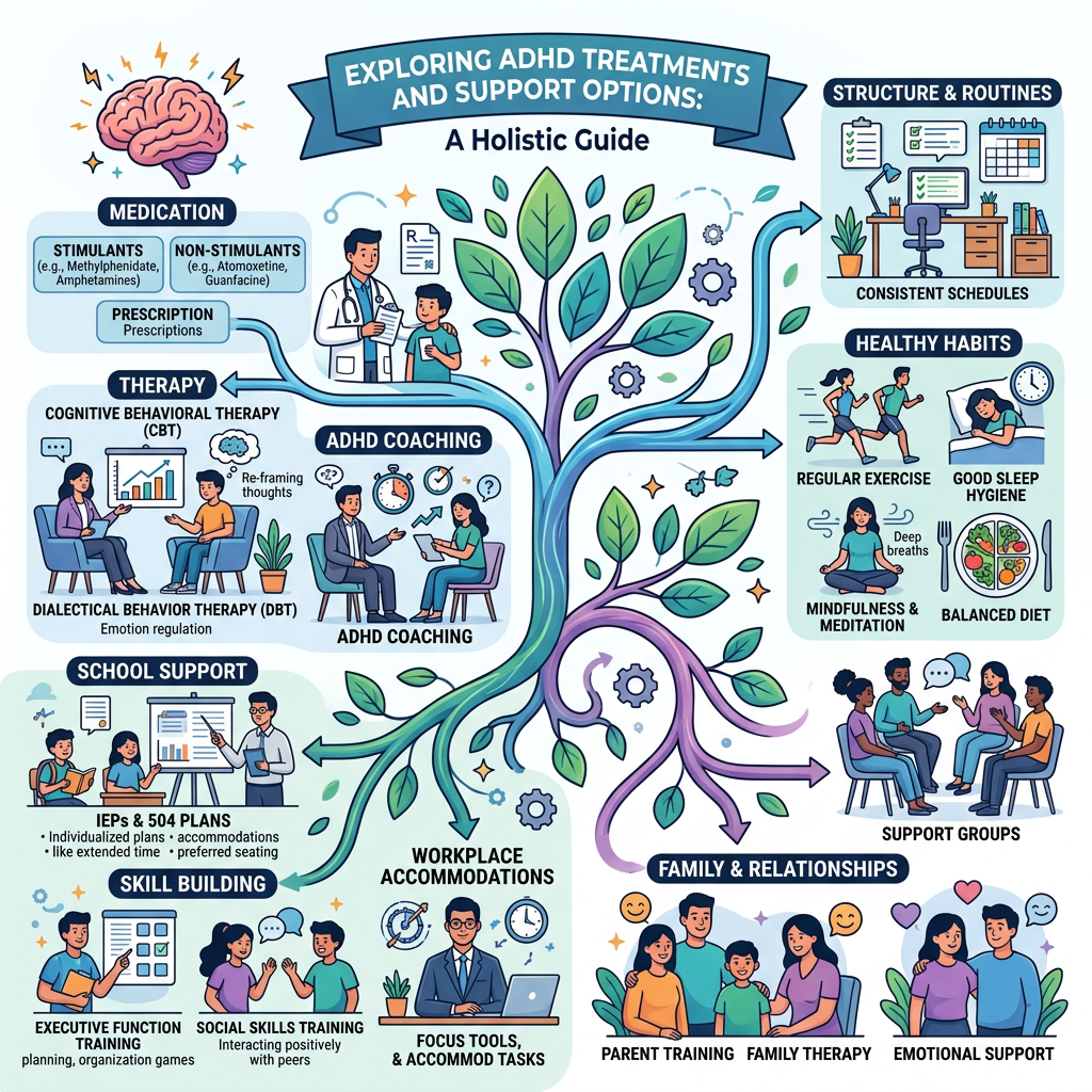Infographic illustrating ADHD treatments including medication, therapy, school and workplace support, coaching, routines, healthy habits, family relationships, and support groups.