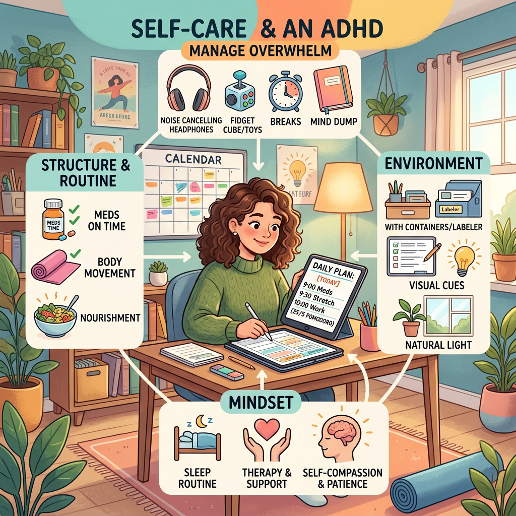 Person sitting at desk planning daily schedule with self-care tips for ADHD overwhelm management