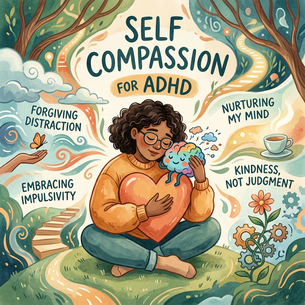 Person hugging a heart and a happy brain with words about self compassion for ADHD