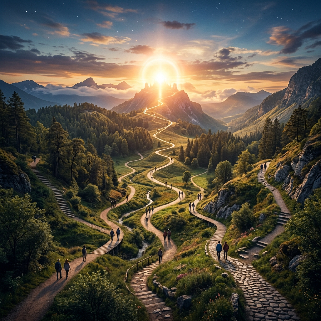 Multiple winding hiking trails with people walking toward a brightly glowing mountain peak at sunset