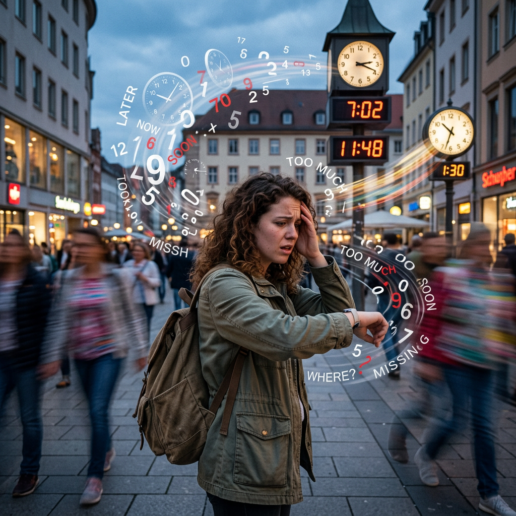 Young woman looking stressed and checking watch in crowded city street with clock graphics
