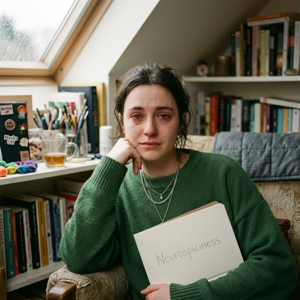 Person holding a notebook labeled “Neurospiciness” in a cozy room
