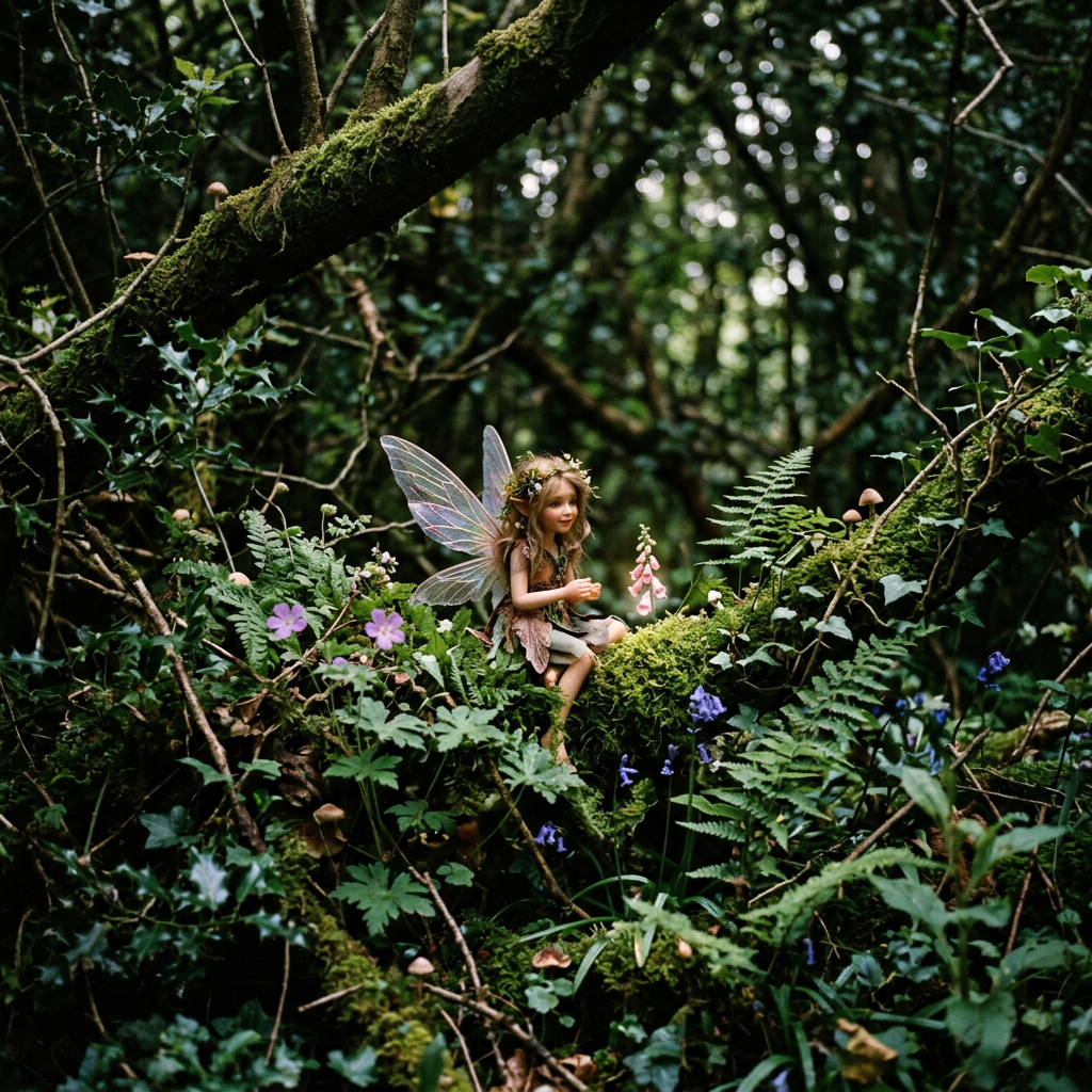 Small winged fairy sitting on a moss-covered branch in a lush forest