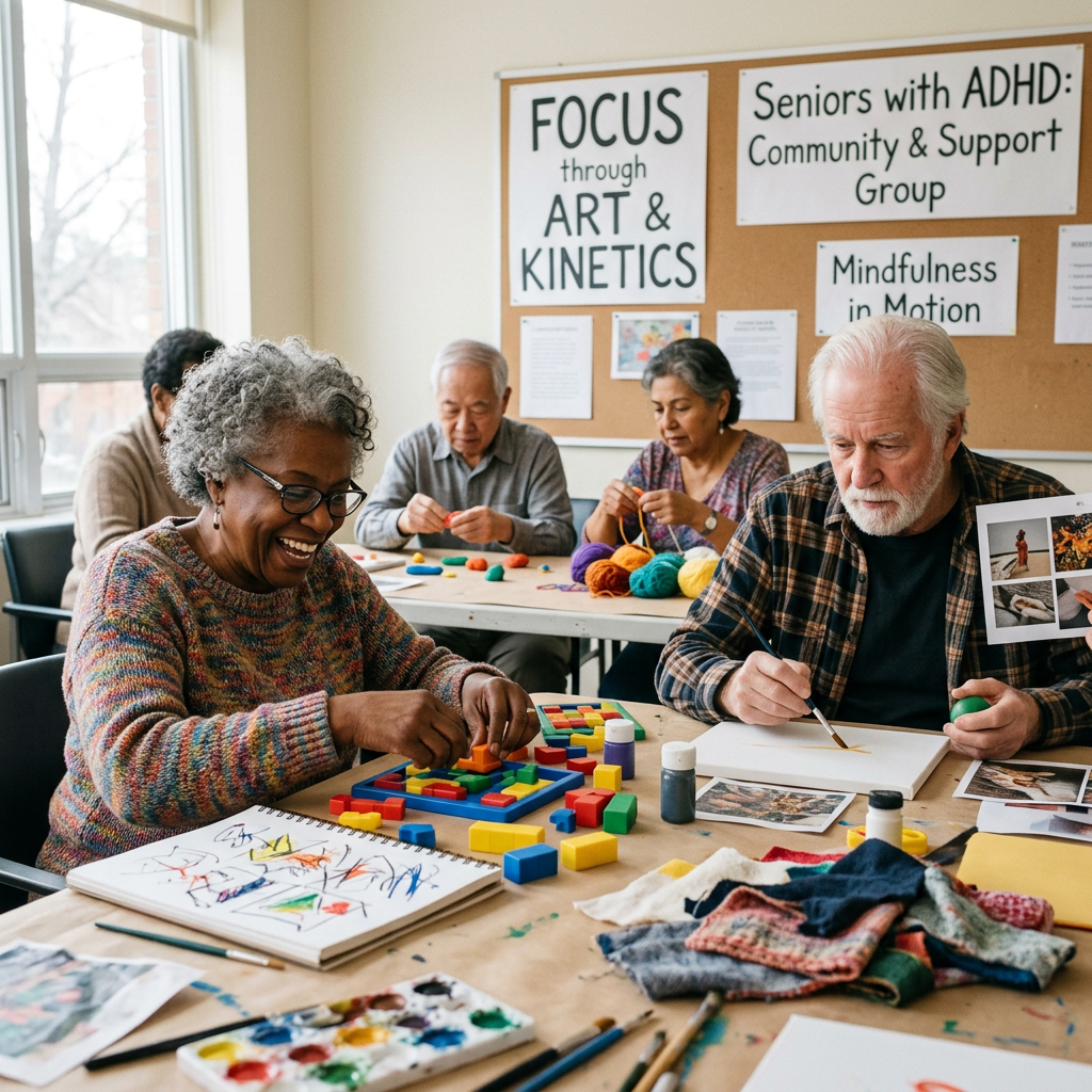 Older adults creating art and crafts in a seniors ADHD support group