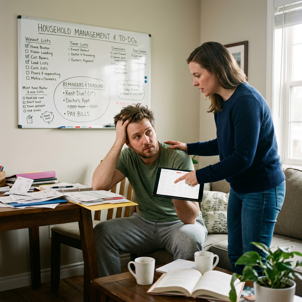 Couple reviewing a household management board and calendar tablet